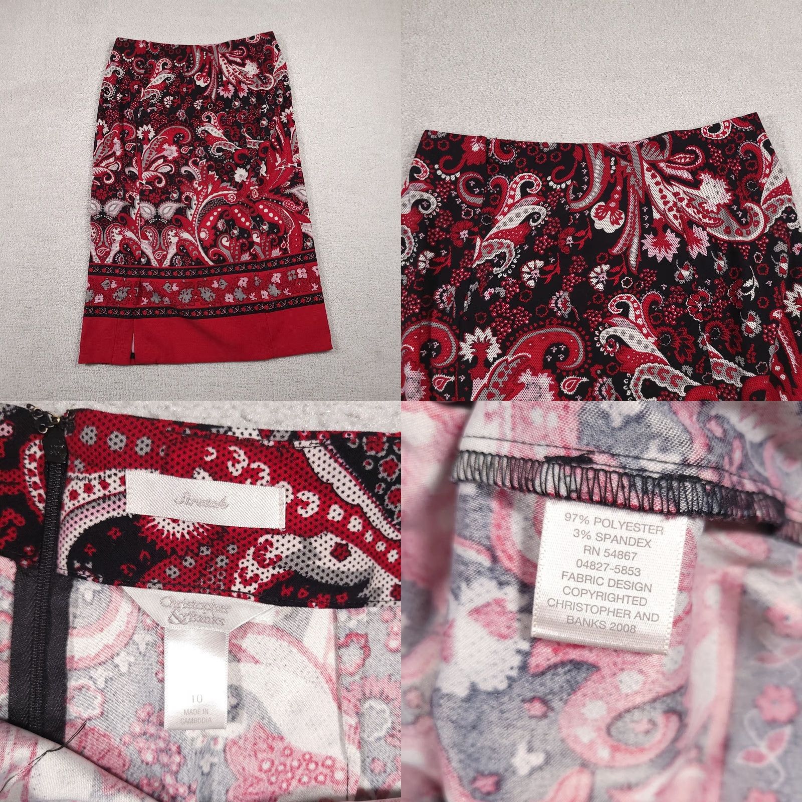 Vintage Christopher & Banks Midi Skirt Women's 10 Red Paisley A-Line Zip Stretch Skirt Size 32" / US 10 / IT 46 - 8 Thumbnail