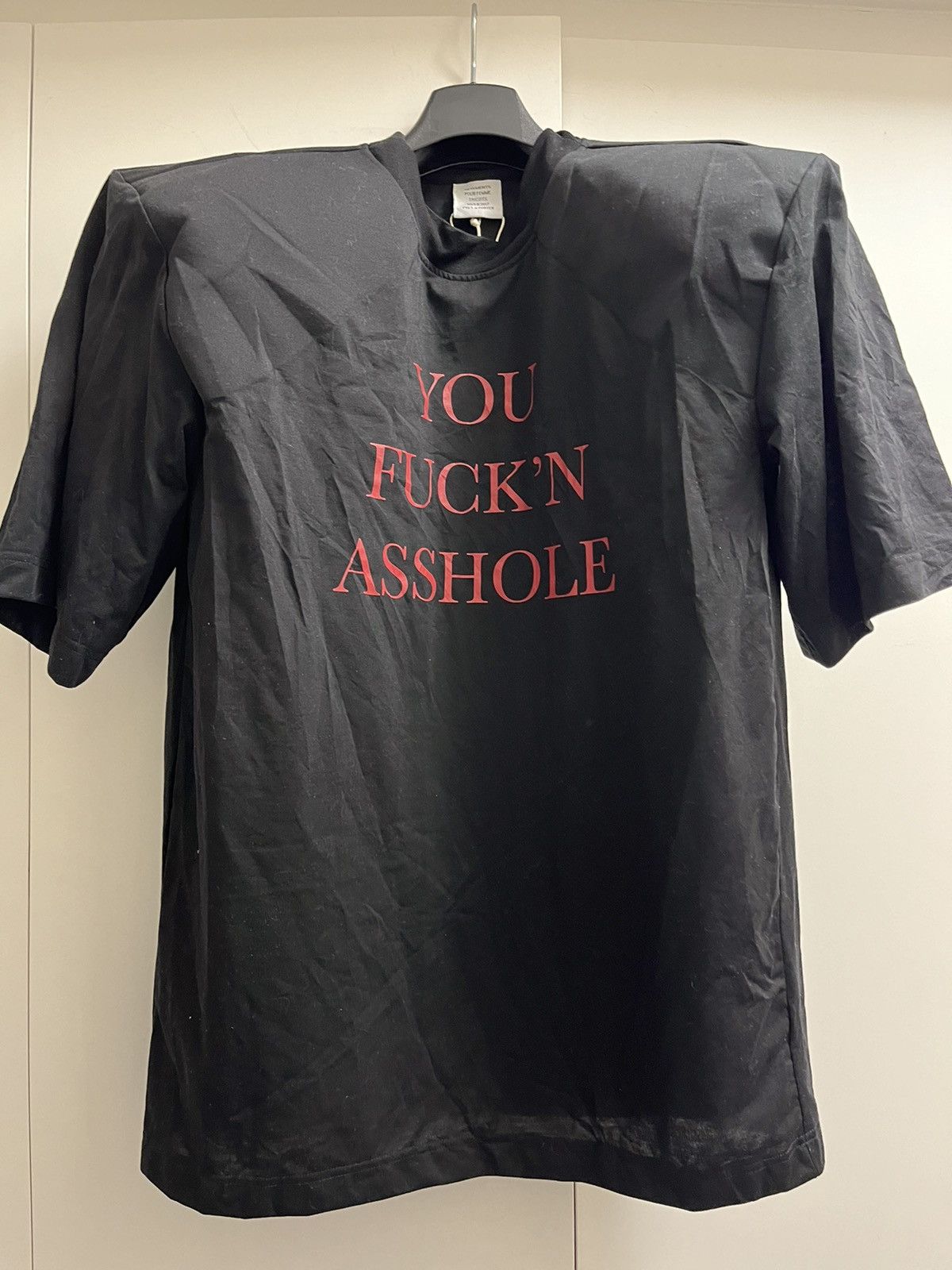 image of Vetements Demna Fw16 Football Shoulder “You Fuckin Asshole” Tshirt in Black, Men's (Size Small)