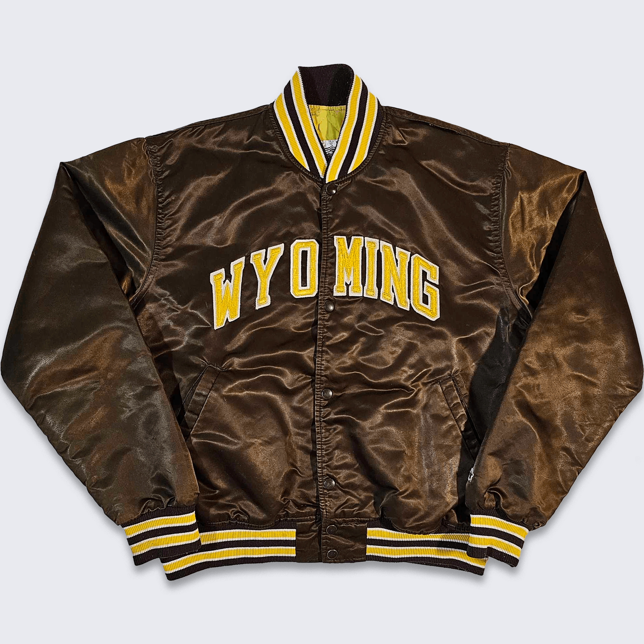 image of NCAA x Starter Wyoming Cowboys Vintage 80's Starter Satin Bomber Jacket in Brown/Yellow (Size Large