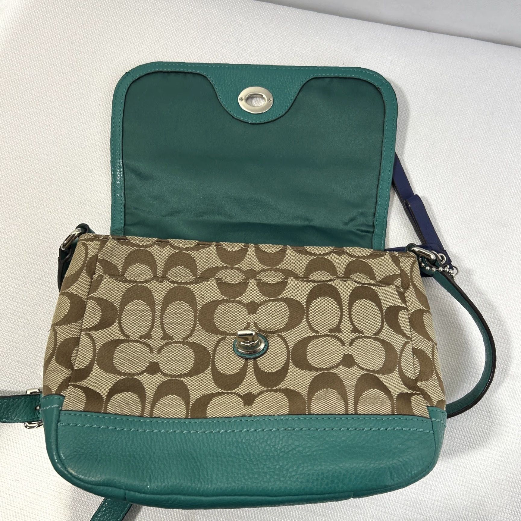 Coach Coach Signature Brown Green Canvas Messenger Bag Crossbody, Small, Women, F23286 Size ONE SIZE - 7 Thumbnail