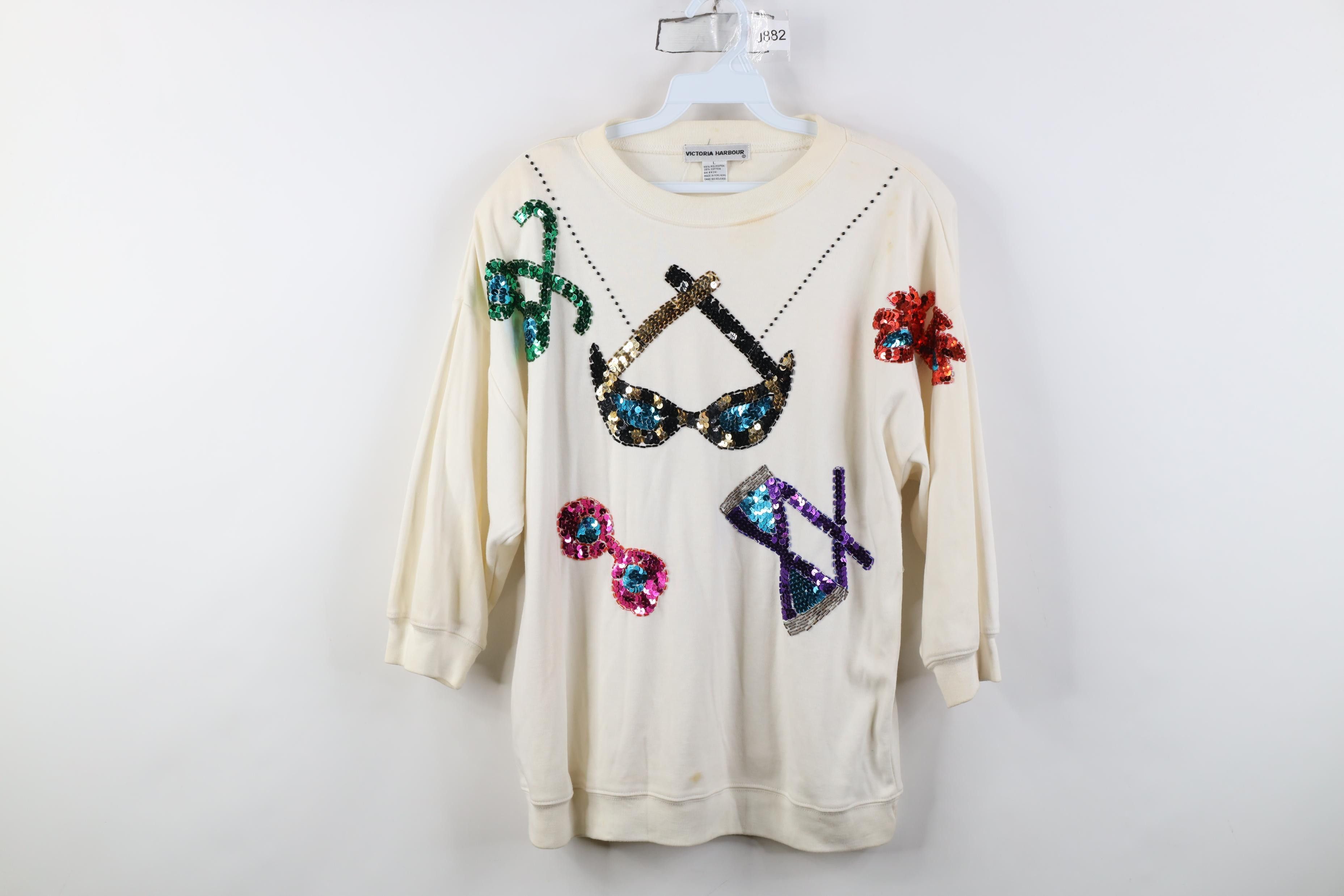 Vintage Vintage 90s Sequin Glasses 3/4 Sleeve Pullover T-Shirt Size L / US 10 / IT 46 - 1 Thumbnail
