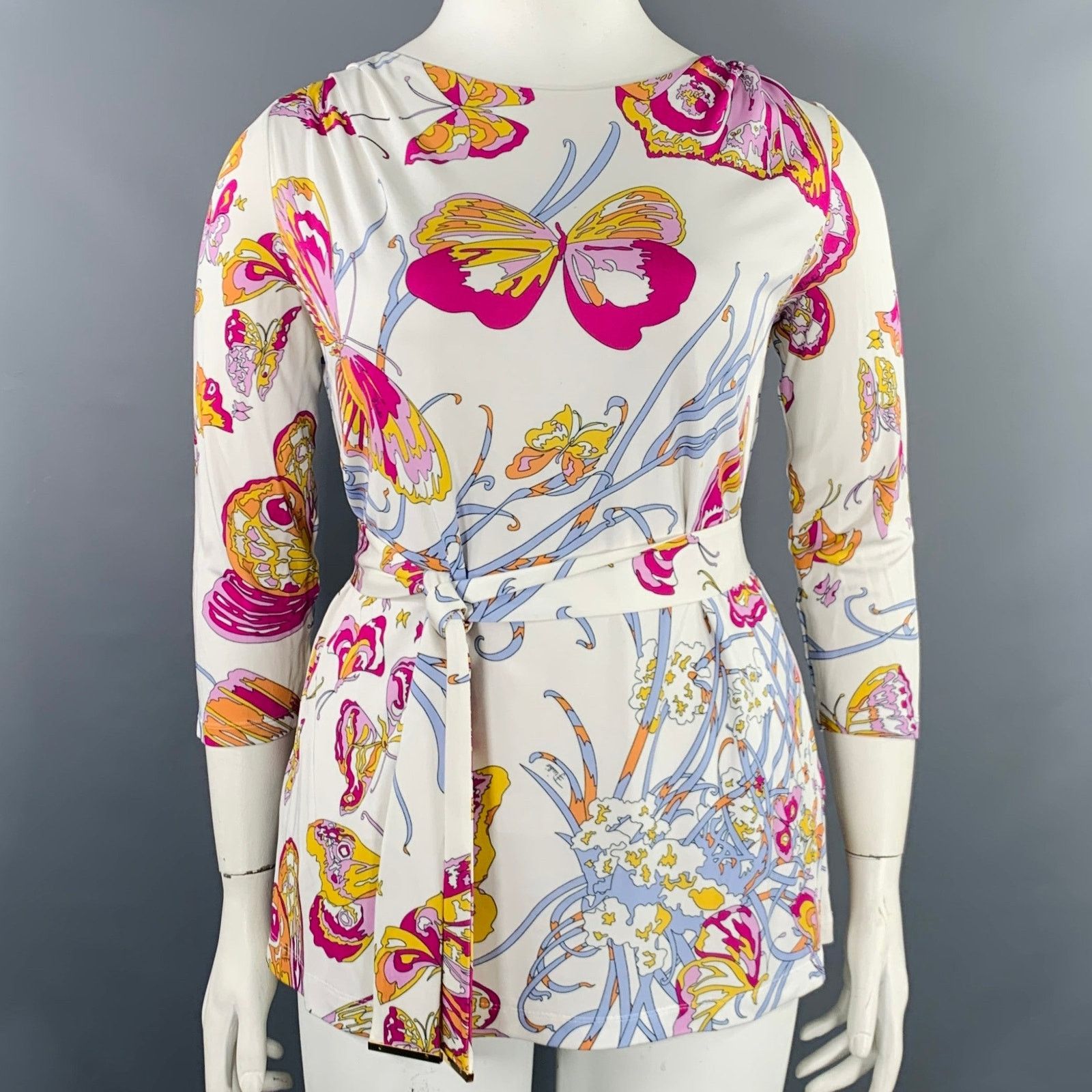 Emilio Pucci EMILIO PUCCI White Pink Butterflies 3/4 Sleeves Casual Top Size XL / US 12-14 / IT 48-50 - 1 Thumbnail