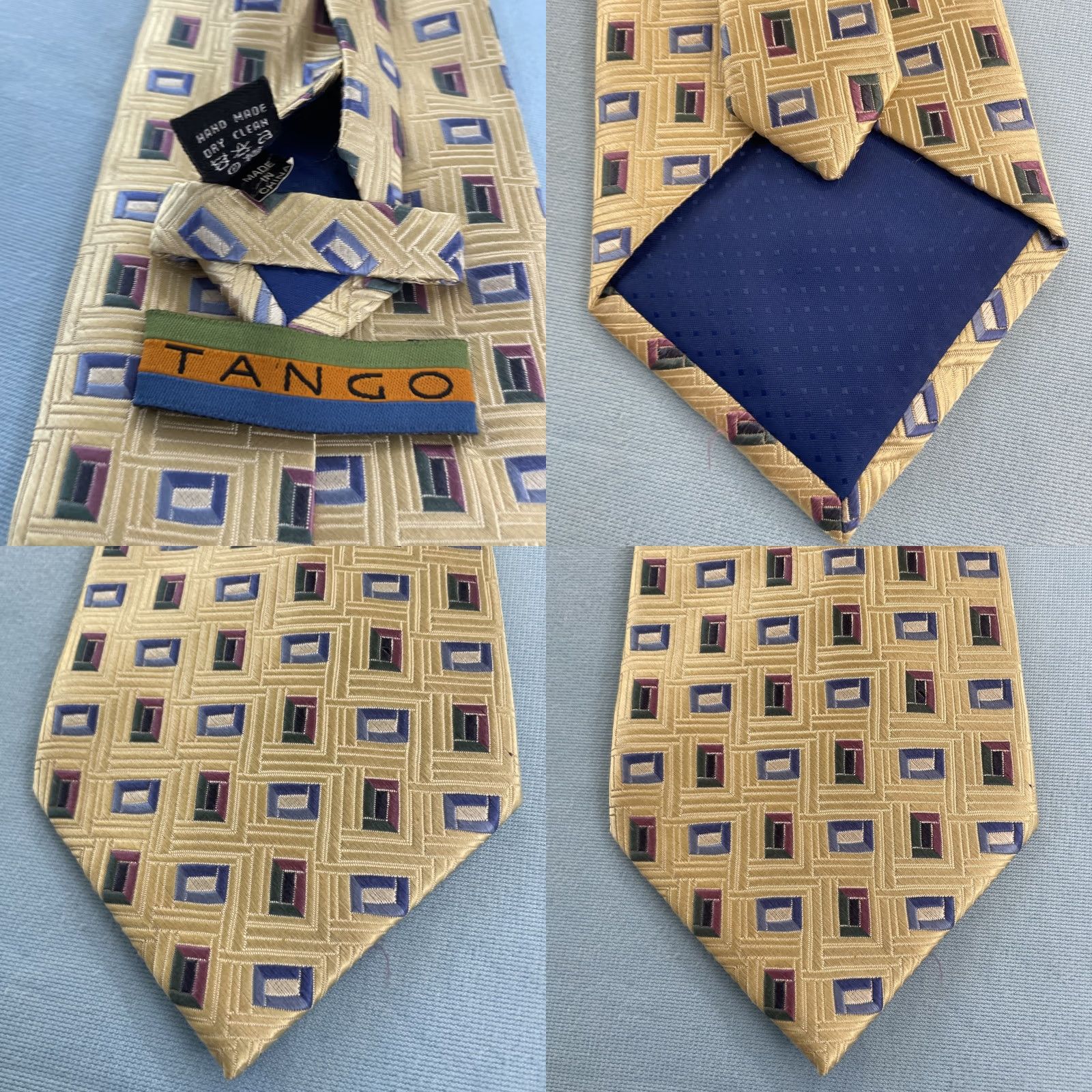 Vintage VINTAGE Tango Woven Silk Tie 61" Geometric Polka Dot Square Hand Made 4x61 Light Yellow Tie Mens 100% Silk Adjustble Some Wear Size ONE SIZE - 8 Thumbnail