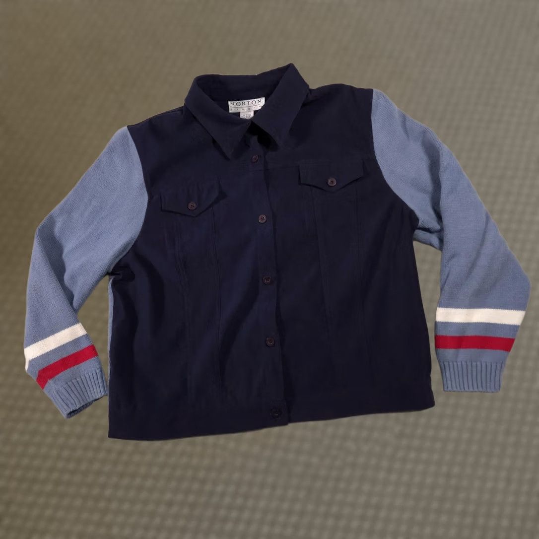 Vintage Norton Studio Jacket Womens XL Navy Blue Knit Sleeves Star Back Button Front Size XL / US 12-14 / IT 48-50 - 1 Thumbnail