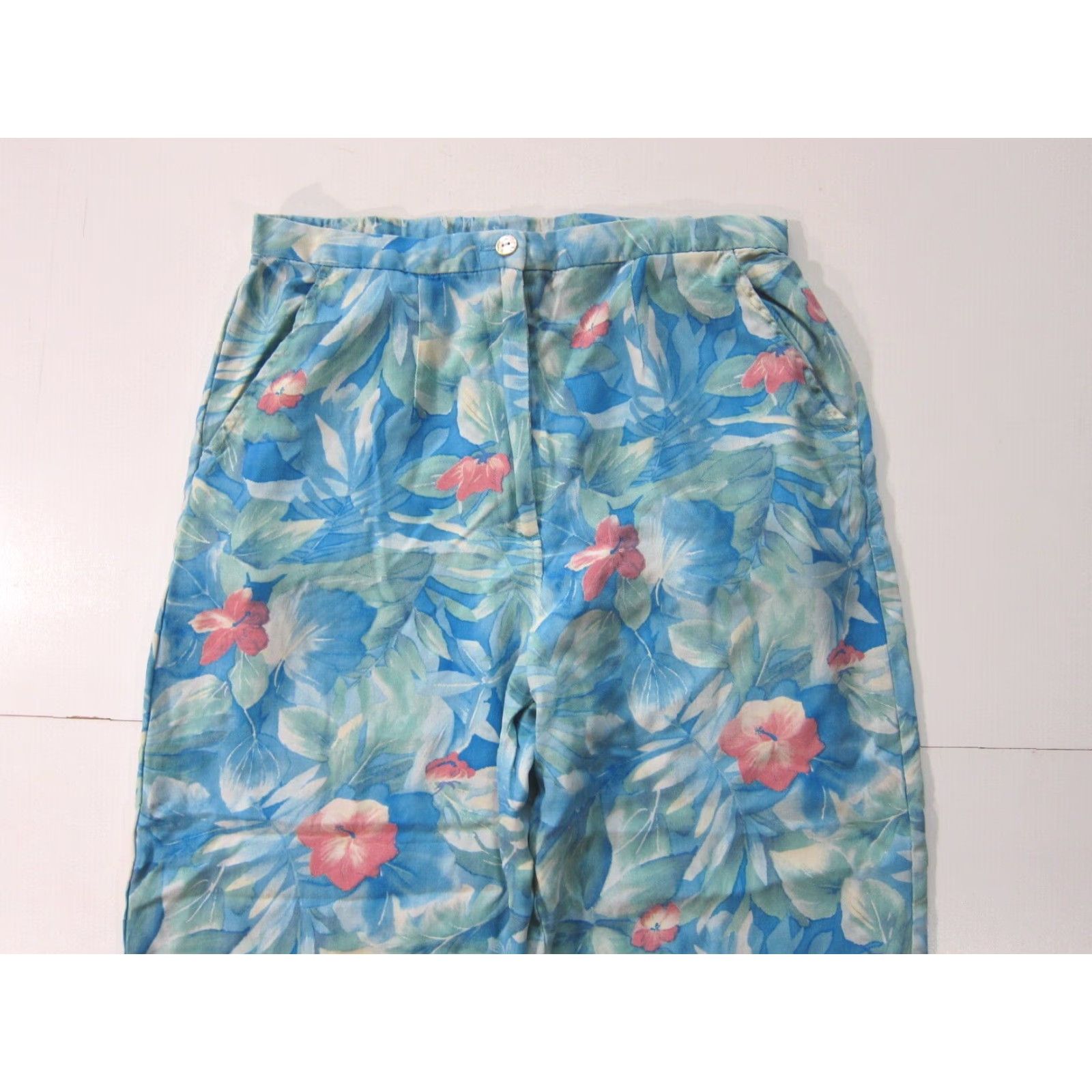 Vintage Pineapple Moon 100% Silk Capri Pant Women Small Blue Floral Hawaiian Pink 80s 90s Wide-Leg Pockets Zip Button Dressy Casual Size 28" / US 6 / IT 42 - 7 Thumbnail