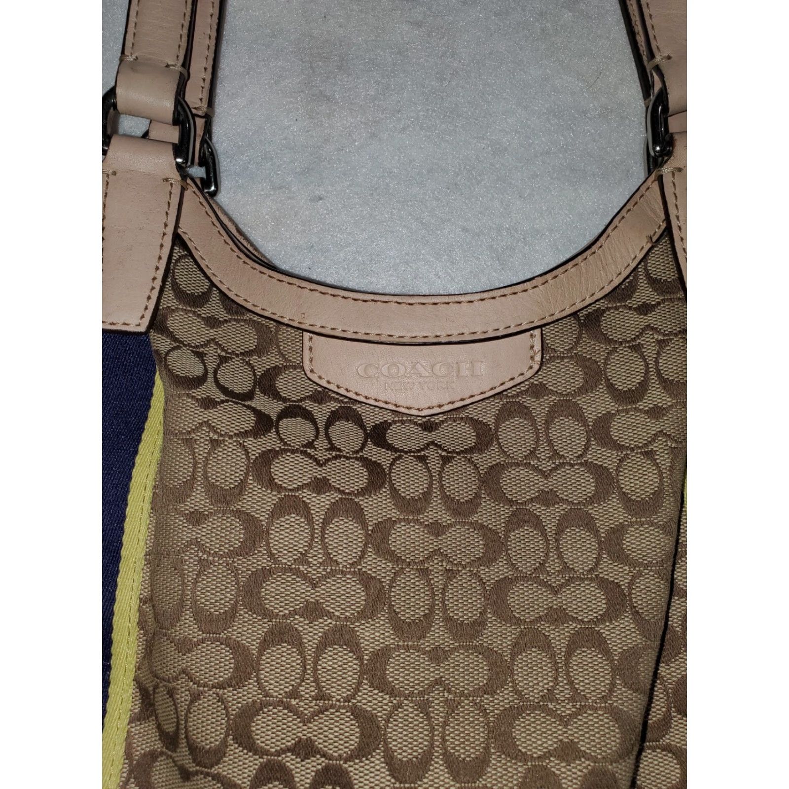 Coach Coach Signature Devin Shoulder Bag Brown w/ Blue & Yellow Stripe Medium Women Size ONE SIZE - 2 Thumbnail