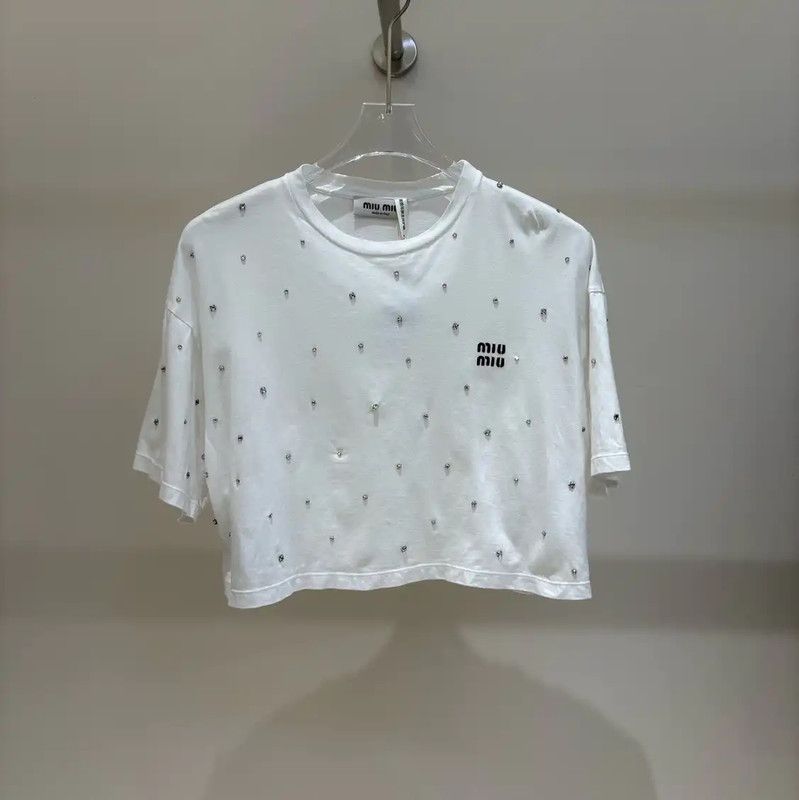 Miu Miu White Graphic Logo Cropped T-Shirt 0089