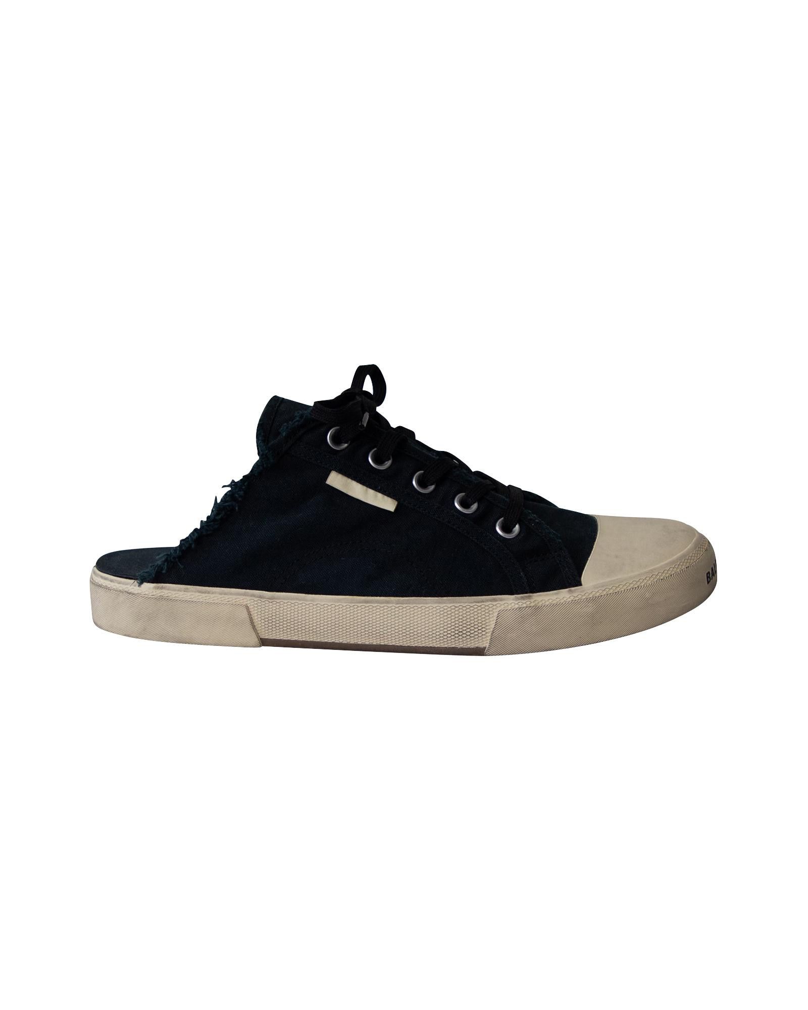 image of Balenciaga Distressed Canvas Sneaker Mule Shoess With Rubber Sole in Black, Men's (Size 11)