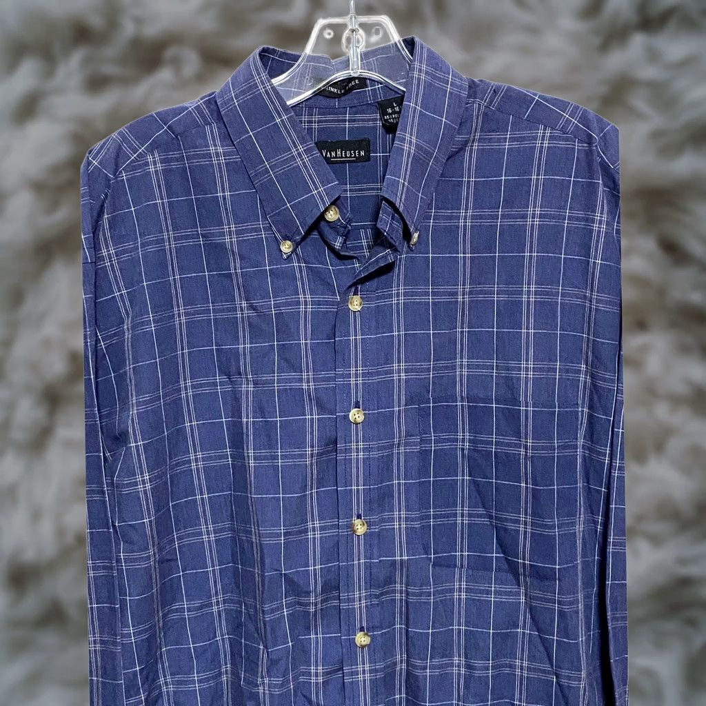 Van Heusen VINTAGE Van Heusen Wrinkle Free Button Dress Shirt Mens L 16-16.5 Plaid Office Preppy Size 42R - 1 Thumbnail