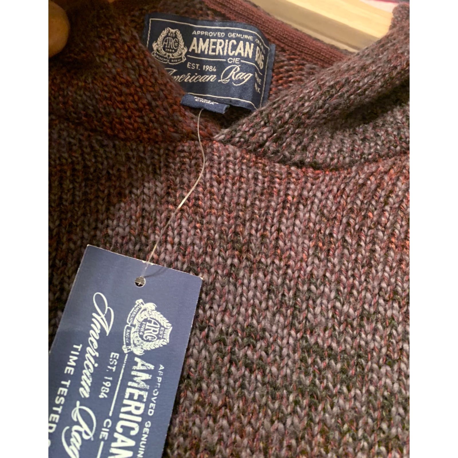Vintage AMERICAN RAG Striped Hoodie Sweater Dark Red Cotton Blend Knit Heavyweight L Men Size US L / EU 52-54 / 3 - 5 Thumbnail