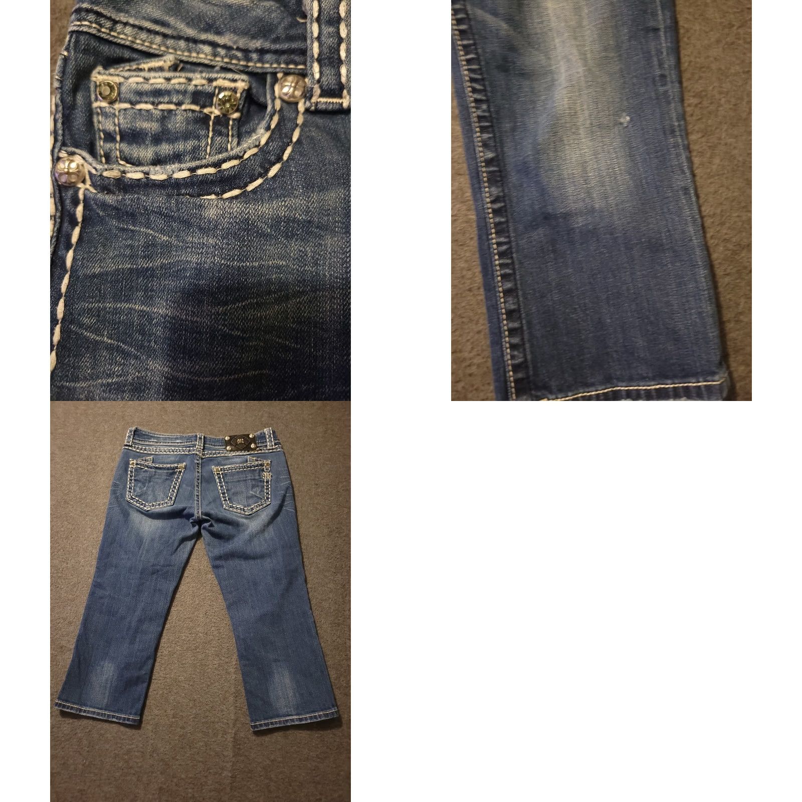 Miss Me Miss Me Cropped Jeans Women's 29 Low Rise Blue Stretch Denim Button Embroidered Rhinestone Pockets Distressed Regular Inseam 20" Jeans Womens Size 29" - 8 Thumbnail