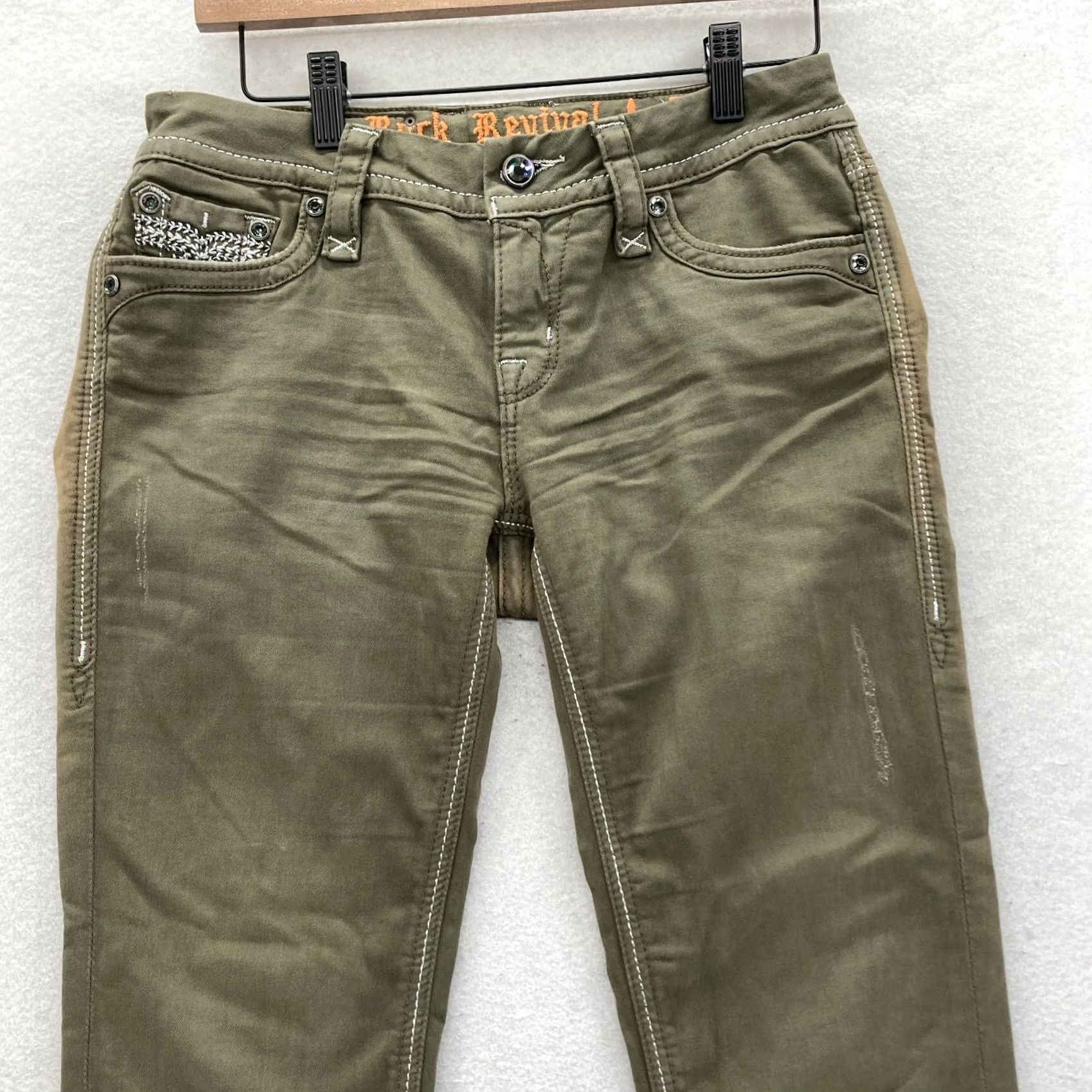 Vintage Rock Revival Margie Skinny Pants Women's 27 Green Stretch Embroidered Studded Size 30" / US 8 / IT 44 - 2 Thumbnail