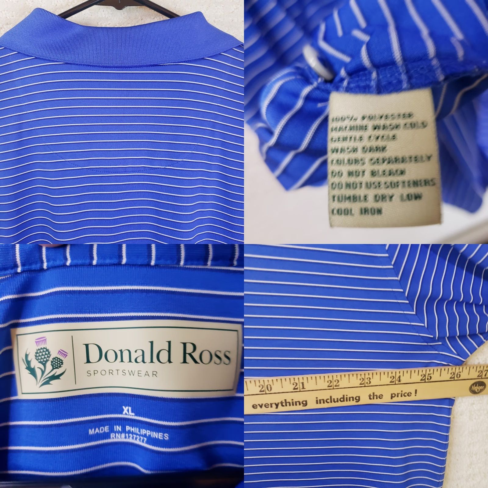 Vintage Donald Ross Polo Shirt Men XL Blue White Striped Short Sleeve Golf Performance T Shirt Polo Hat? Size US XL / EU 56 / 4 - 8 Thumbnail