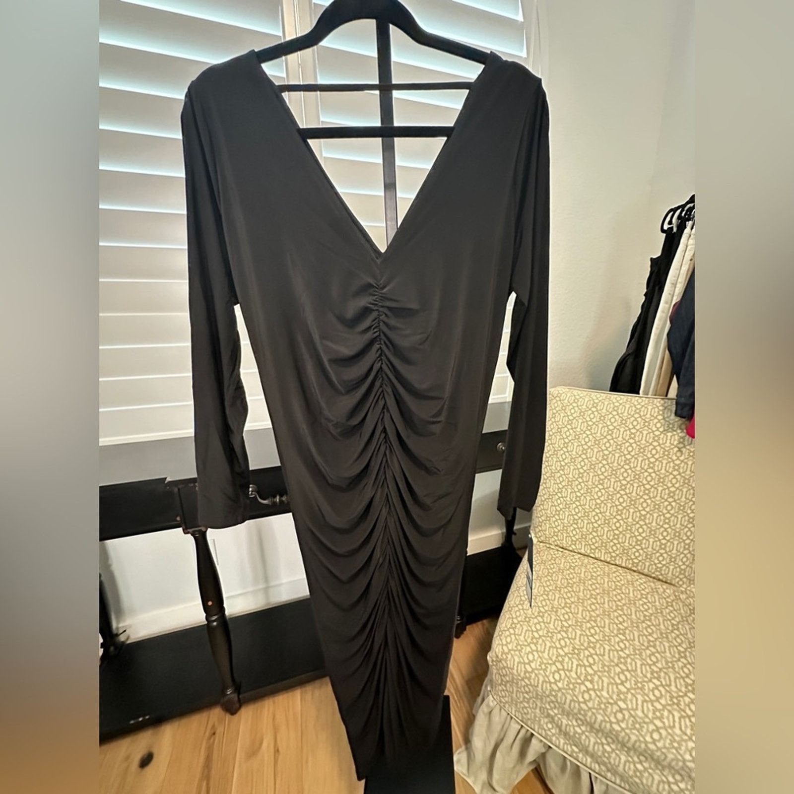 Other Rachel Roy | Black Stretch Ruched 3/4 Sleeve Midi Dress Size XL / US 12-14 / IT 48-50 - 3 Thumbnail