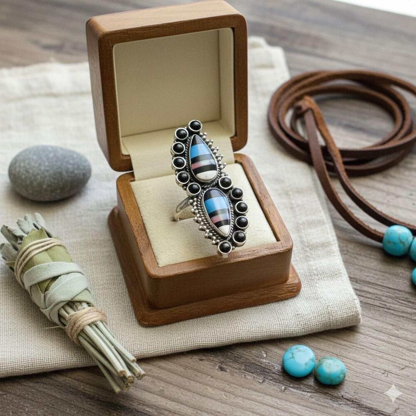 NBDN Nobrandedon Southwestern Aurora Opal & Onyx Sterling Silver Adj Ring Size ONE SIZE - 2 Thumbnail