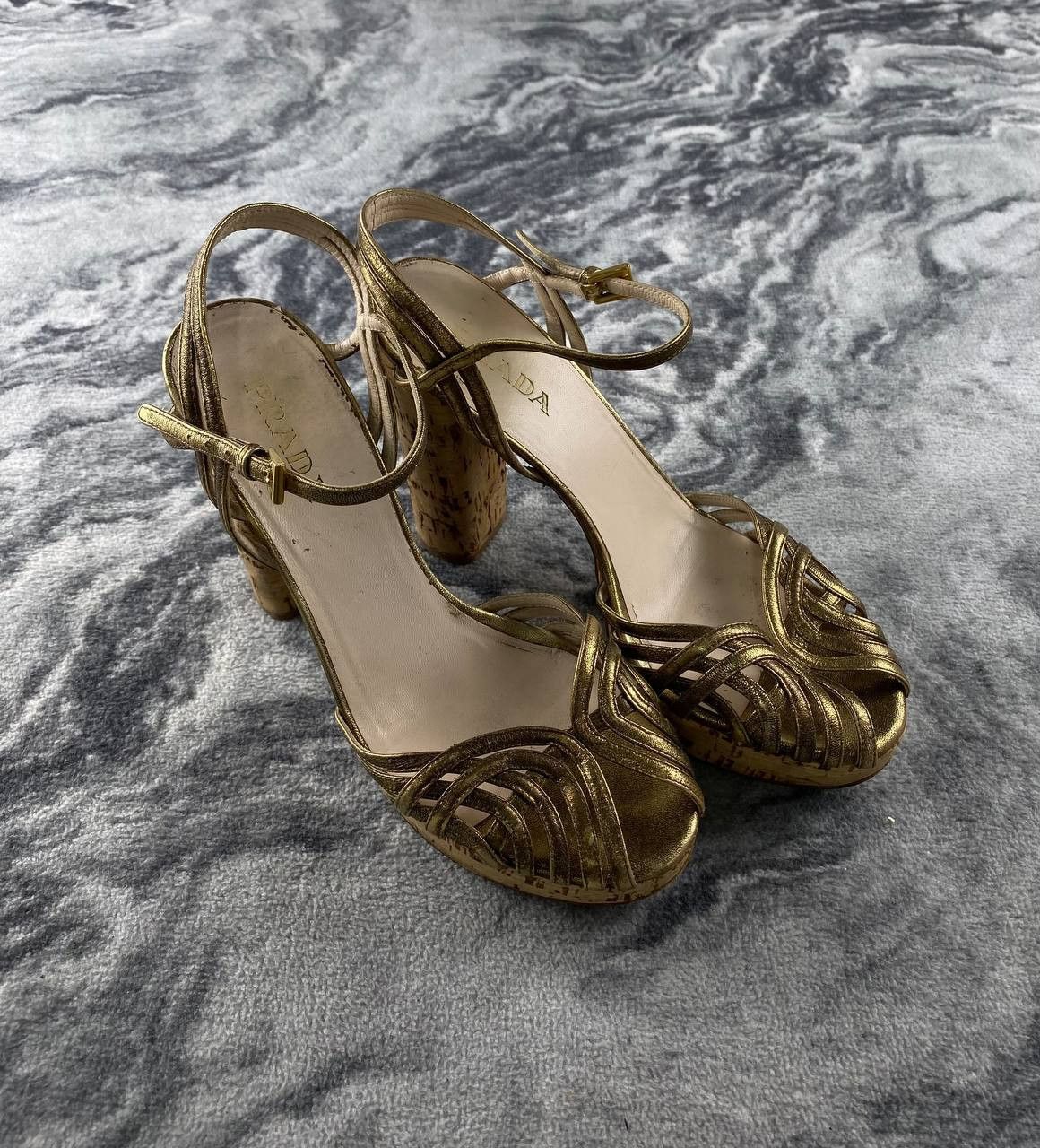 Prada Prada Metallic Gold Ankle Strap Cork Platform Block Heel Size US 8 / IT 38 - 1 Thumbnail