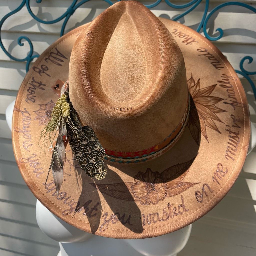 image of Handcrafted Hand Burned Hat | Wide Brim Hat | Branded Hat | Wildflowers in Tan, Women's
