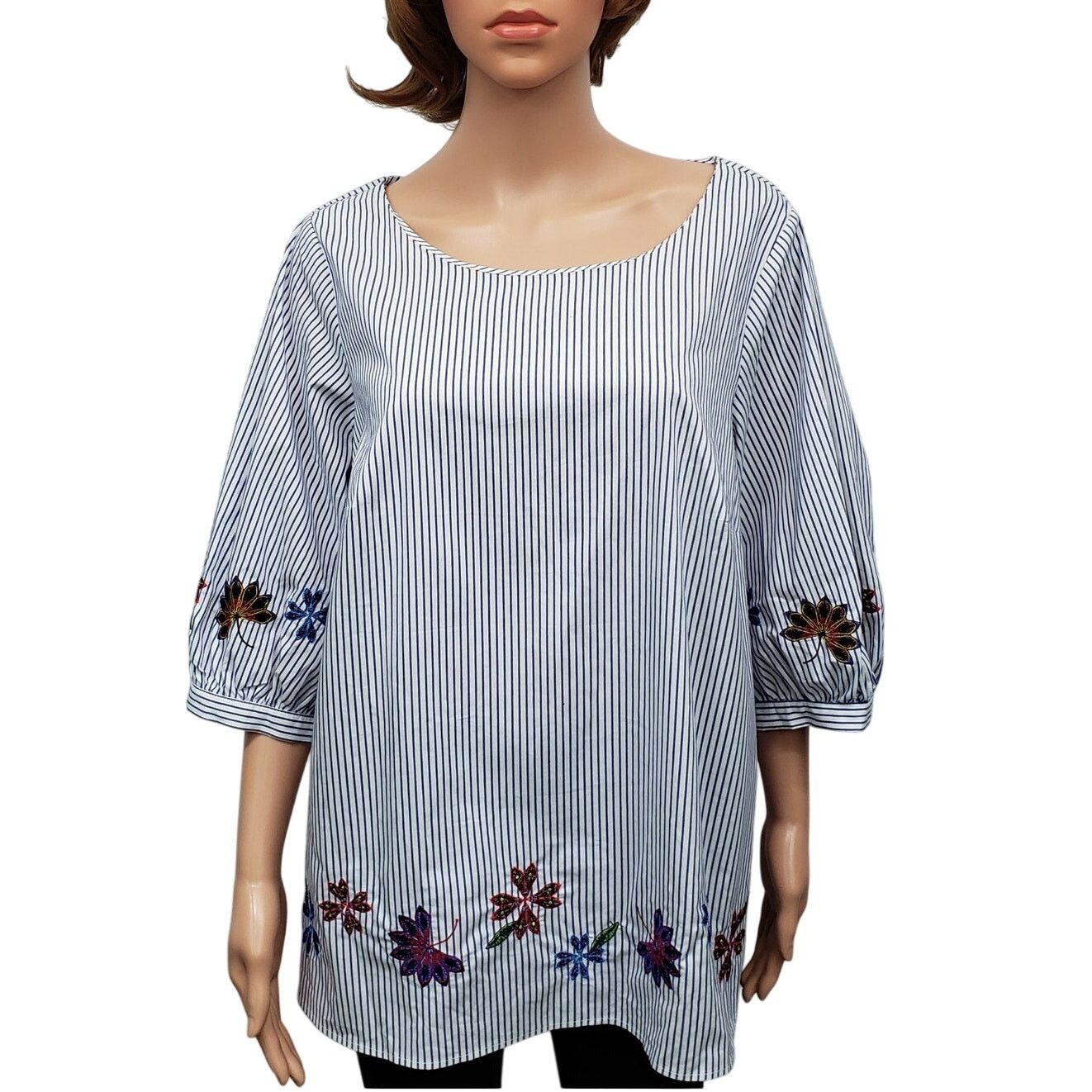 Nordstrom Eloquii Blouse Tunic Top Plus14 Pinstriped Floral Embroidery Size XL / US 12-14 / IT 48-50 - 3 Thumbnail