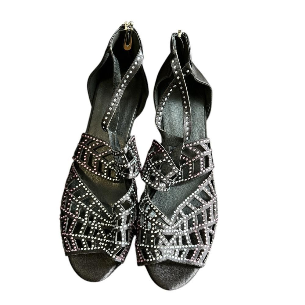 Designer Elegant Black Rhinestone Sandals Size US 7 / IT 37 - 3 Thumbnail