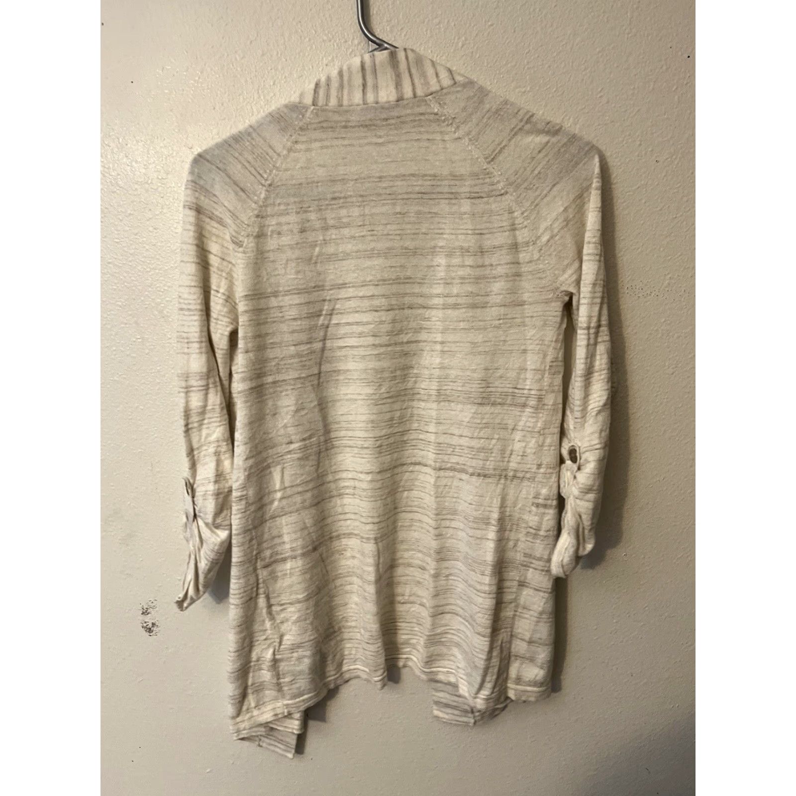 Express VINTAGE? No — Express Cardigan: Women's Open Knit Striped Long Sleeve, Ivory, Size S, Roll Tab Size S / US 4 / IT 40 - 3 Thumbnail