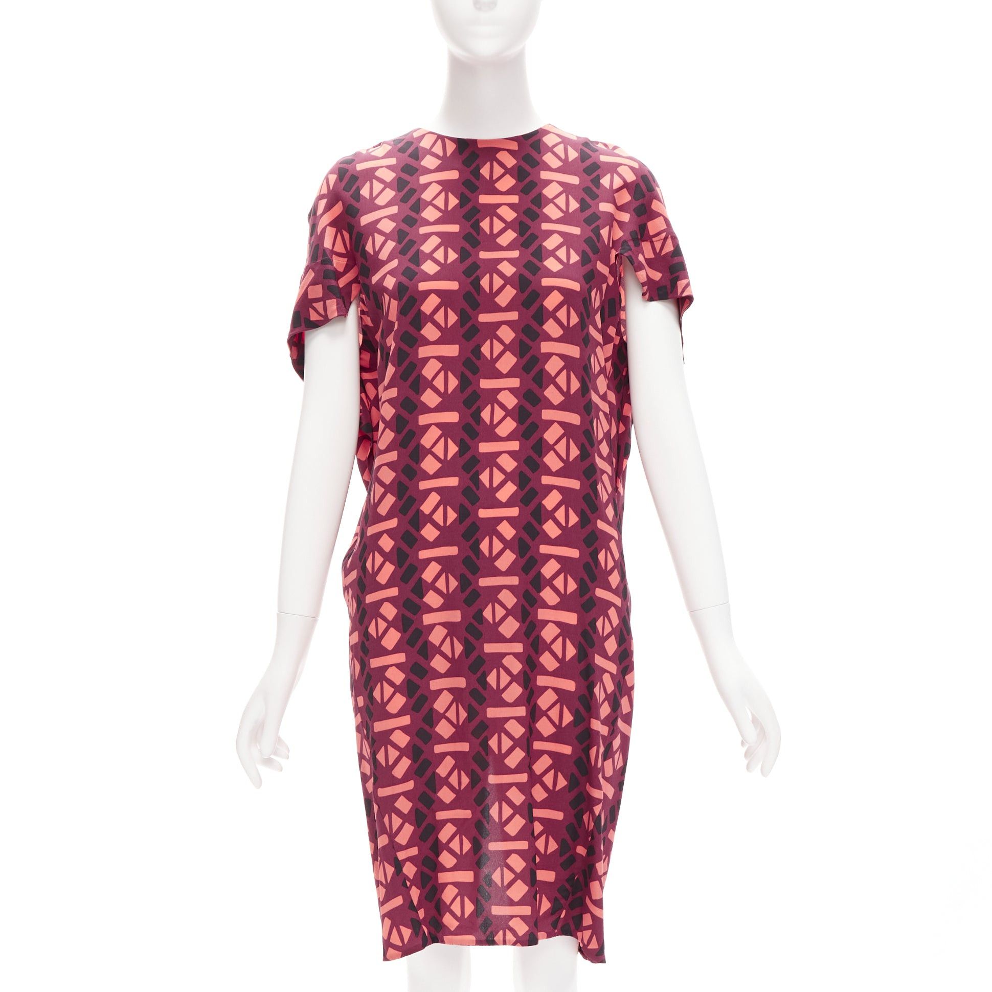 image of Marni 100% Silk Burgundy Pink Geometric Print Cap Sleeves Dress It36 Xs, Women's