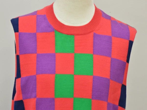 Comme des Garcons Homme Plus Vest Block Check Knitted Wool Crewneck Pink Size US M / EU 48-50 / 2 - 4 Thumbnail