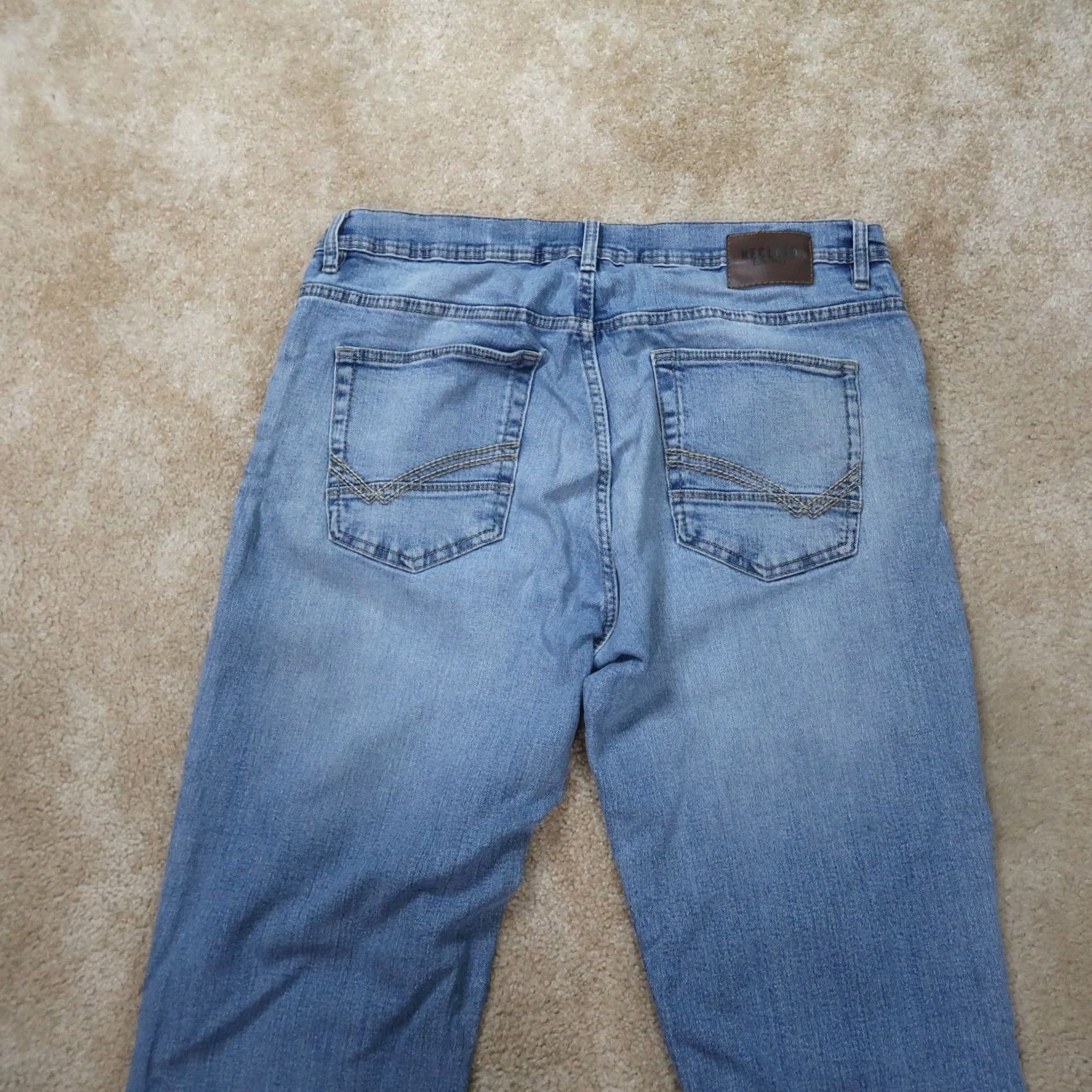 Denime Reclaim Jeans Regular Straight Men 36x34 Denim Blue Stretch Cotton Blend 5-Pocket Zipper Belt Loops Logo Distressed Light Wash Mens Size US 36 / EU 52 - 6 Thumbnail