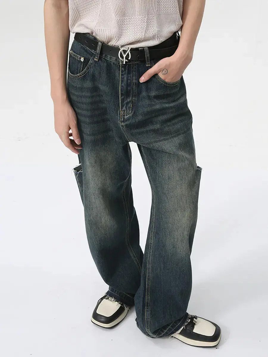 Japanese Brand Retro loose straight leg ripped jeans Size US 32 / EU 48 - 4 Thumbnail