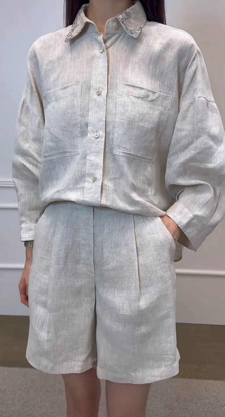 Brunello Cucinelli Brunello Cucinelli Loose linen shirt with sequin collar Size L / US 10 / IT 46 - 7 Thumbnail