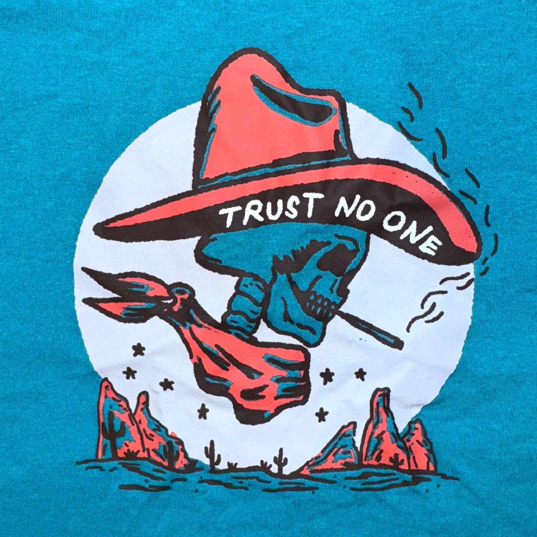 Gildan Trust No One Western Skeleton Smoking Cowboy Turquoise Blue Tshirt Small Women Crew Neck Gildan Logo Western Size S / US 4 / IT 40 - 2 Thumbnail