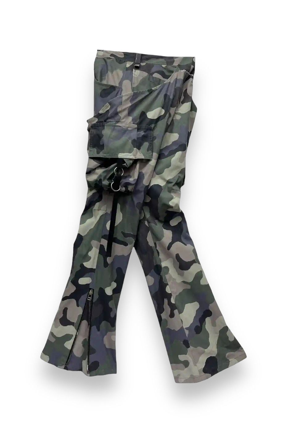 Japanese Brand 🔥Designer Unique Bondage Green Camo Cargo Zipper Leg Flare Size US 31 - 18 Thumbnail