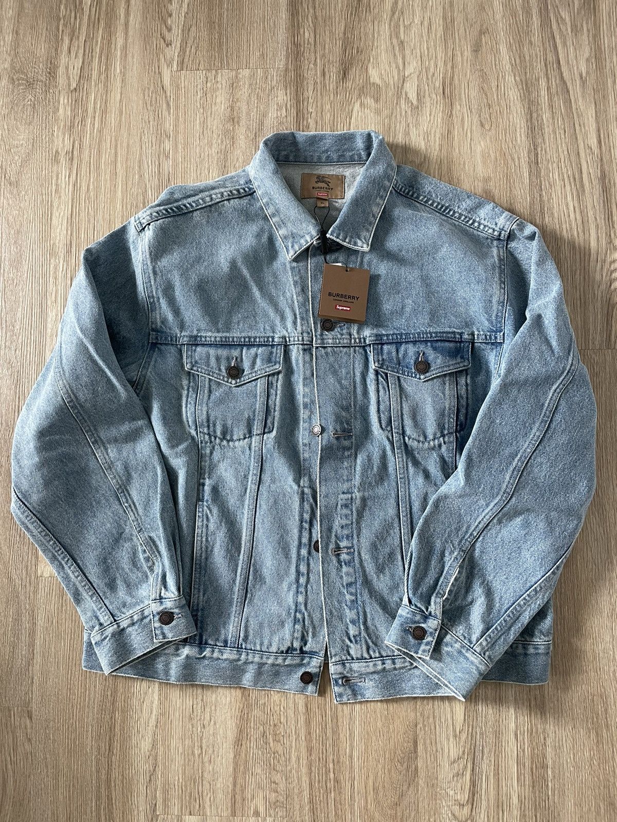 image of Burberry Denim Trucker Jacket in Blue, Men's (Size XL)