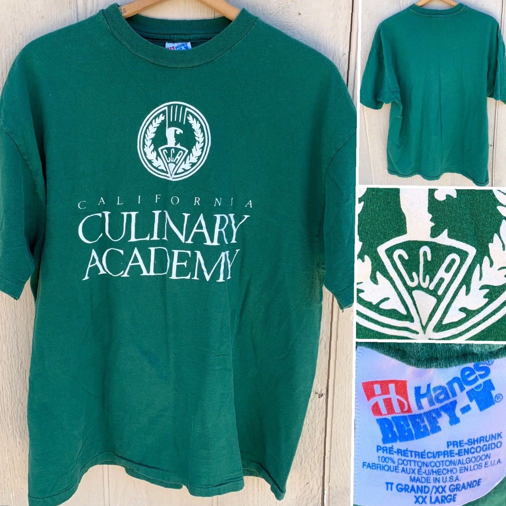Hanes vintage Hanes California Culinary Academy t-shirt graphic tee 1990s single stitch XXL Green Cotton crew neck short sleeve Men Size US XXL / EU 58 / 5 - 2 Thumbnail