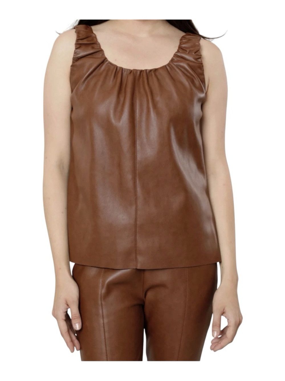 Other Dolce Cabo Faux Leather Tank Top Brown Ruched Neck Sleevele Size M / US 6-8 / IT 42-44 - 1 Thumbnail