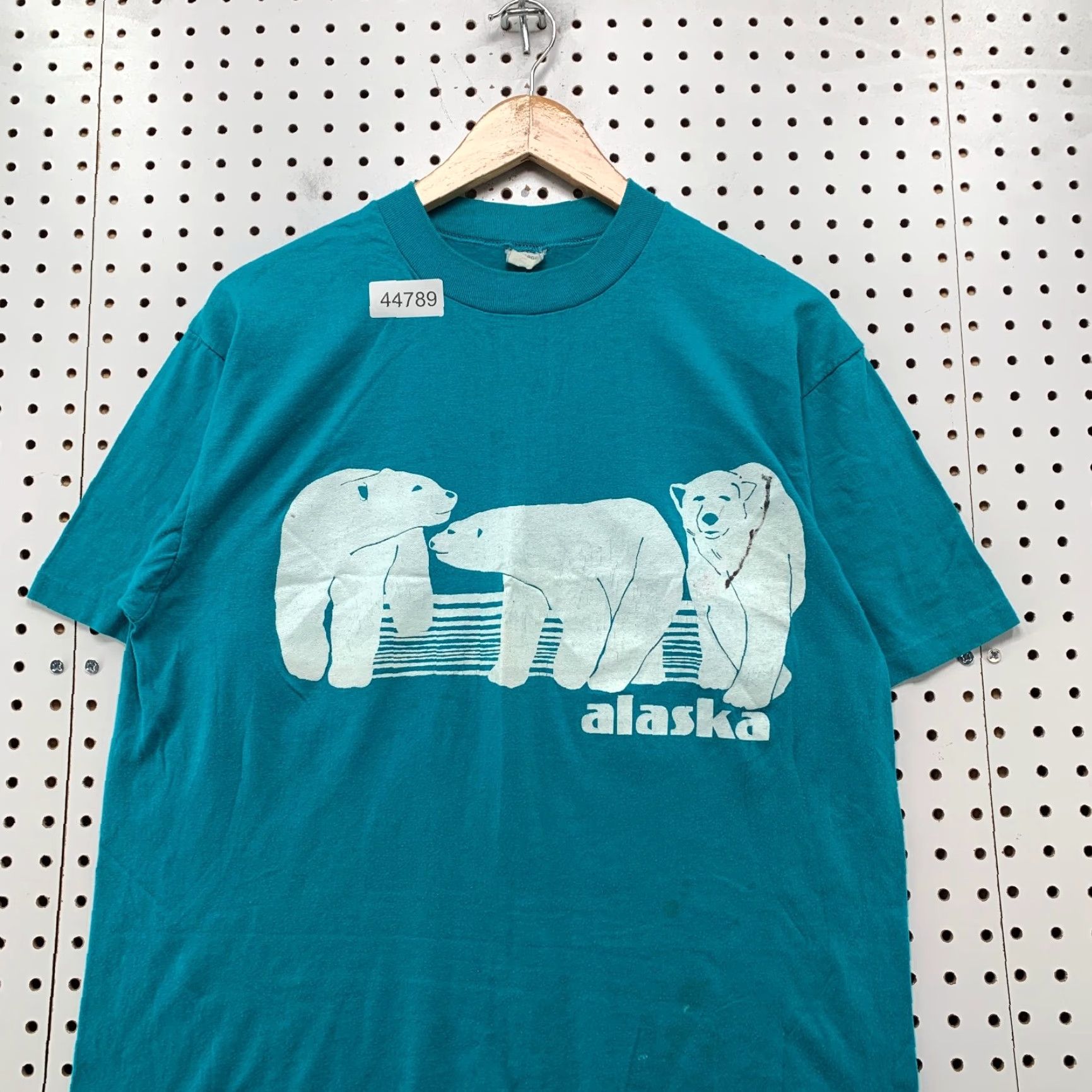 VINTAGE Spruce Alaska Graphic T-Shirt Mens XL Teal Blue Polar Bear Shirt 70s 80s Cotton Made USA