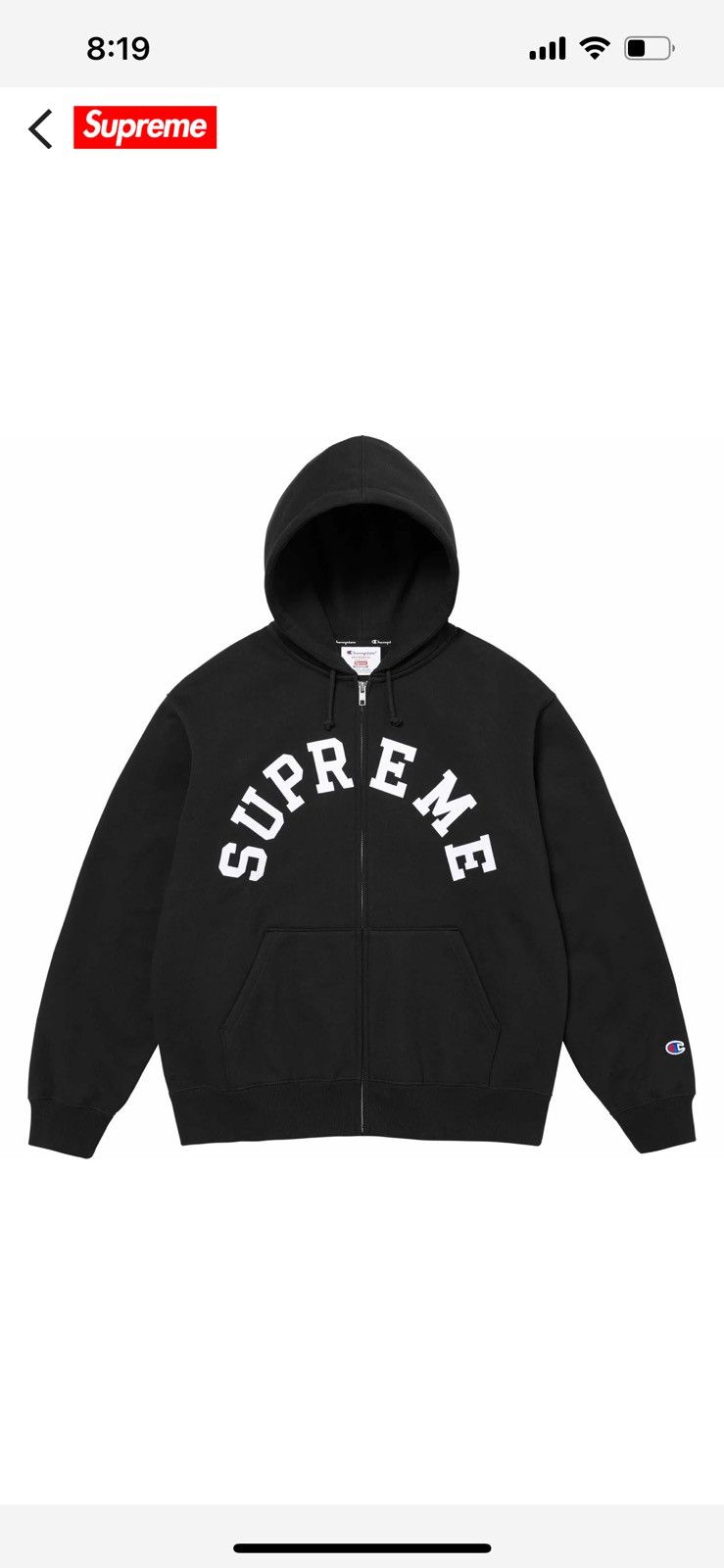 image of Supreme Champion Zip Up in Black, Men's (Size Small)