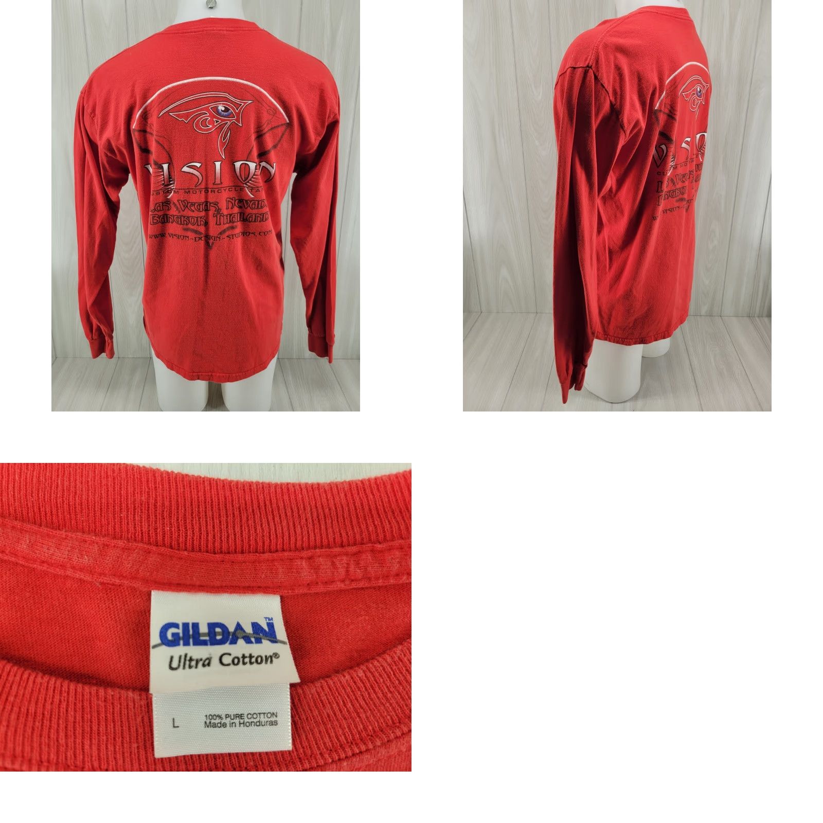 Gildan VINTAGE Distressed Vision Motorcycle Gas Tank Mens Long Sleeve Red Shirt L Size US L / EU 52-54 / 3 - 8 Thumbnail