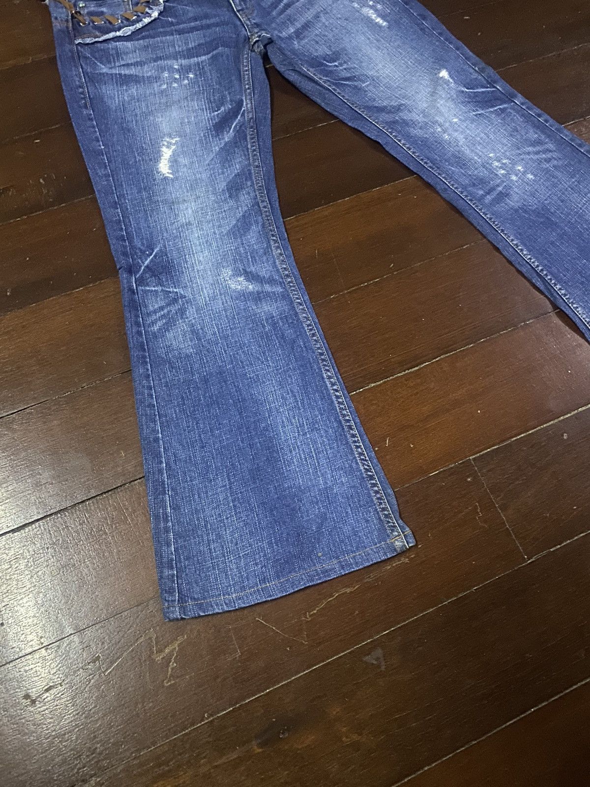 If Six Was Nine × Le Grande Bleu (L.G.B.) × Tornado Mart Flare Jeans Back Number Distress Faded Denim Bootcut Y2k Size 33" - 3 Thumbnail