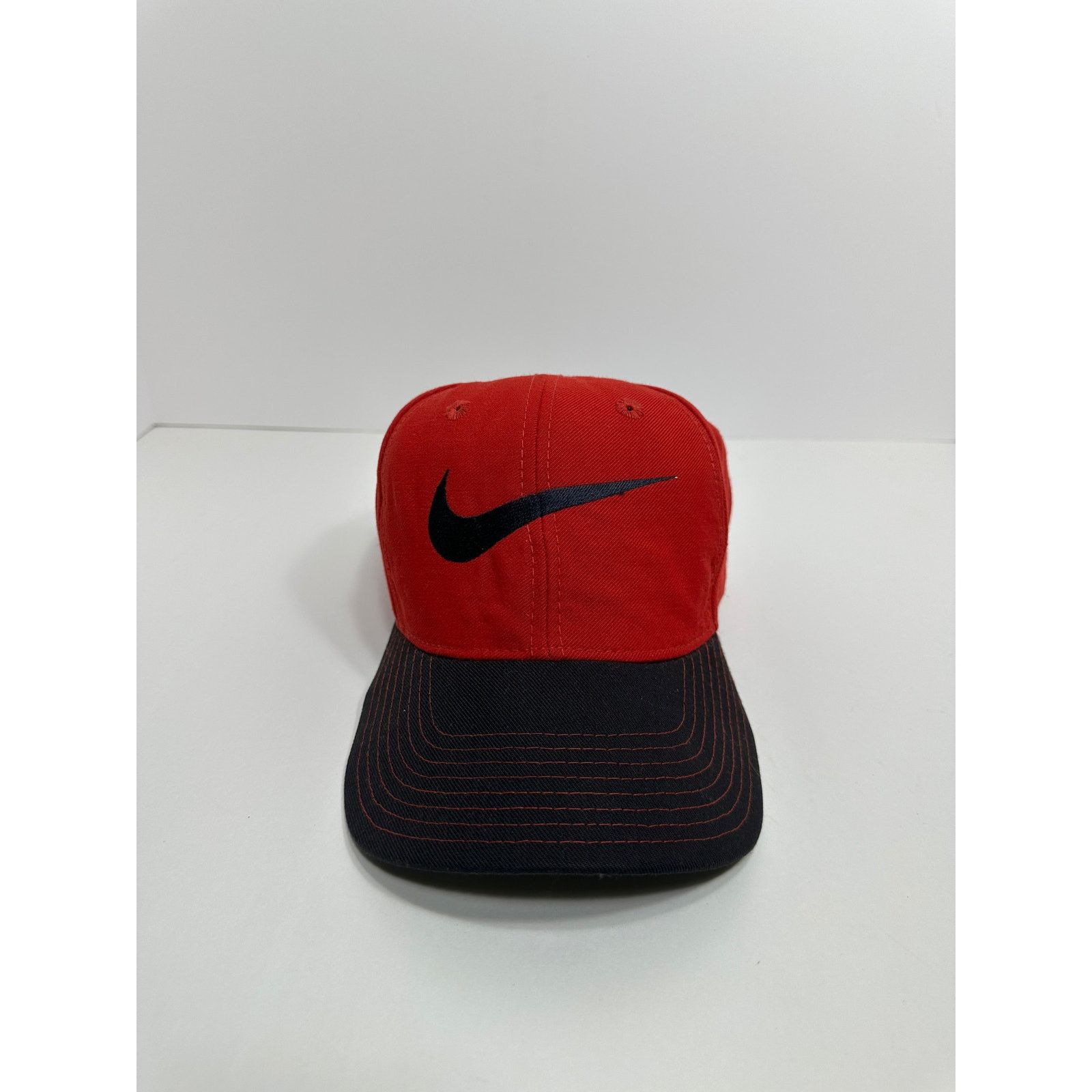 Nike × Vintage Vintage Nike Red Black Leather Back Hat Green Brim White Tag Size ONE SIZE - 1 Thumbnail