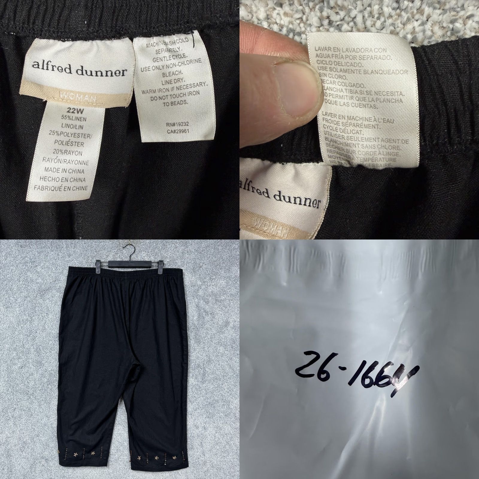 Vintage VINTAGE Alfred Dunner Capri Pants 22W Women Black Linen Beaded Embroidered Pockets Pull On 21in Inseam Casual Boho Coastal Grandmother Y2K Size 40" / US 18 - 8 Thumbnail