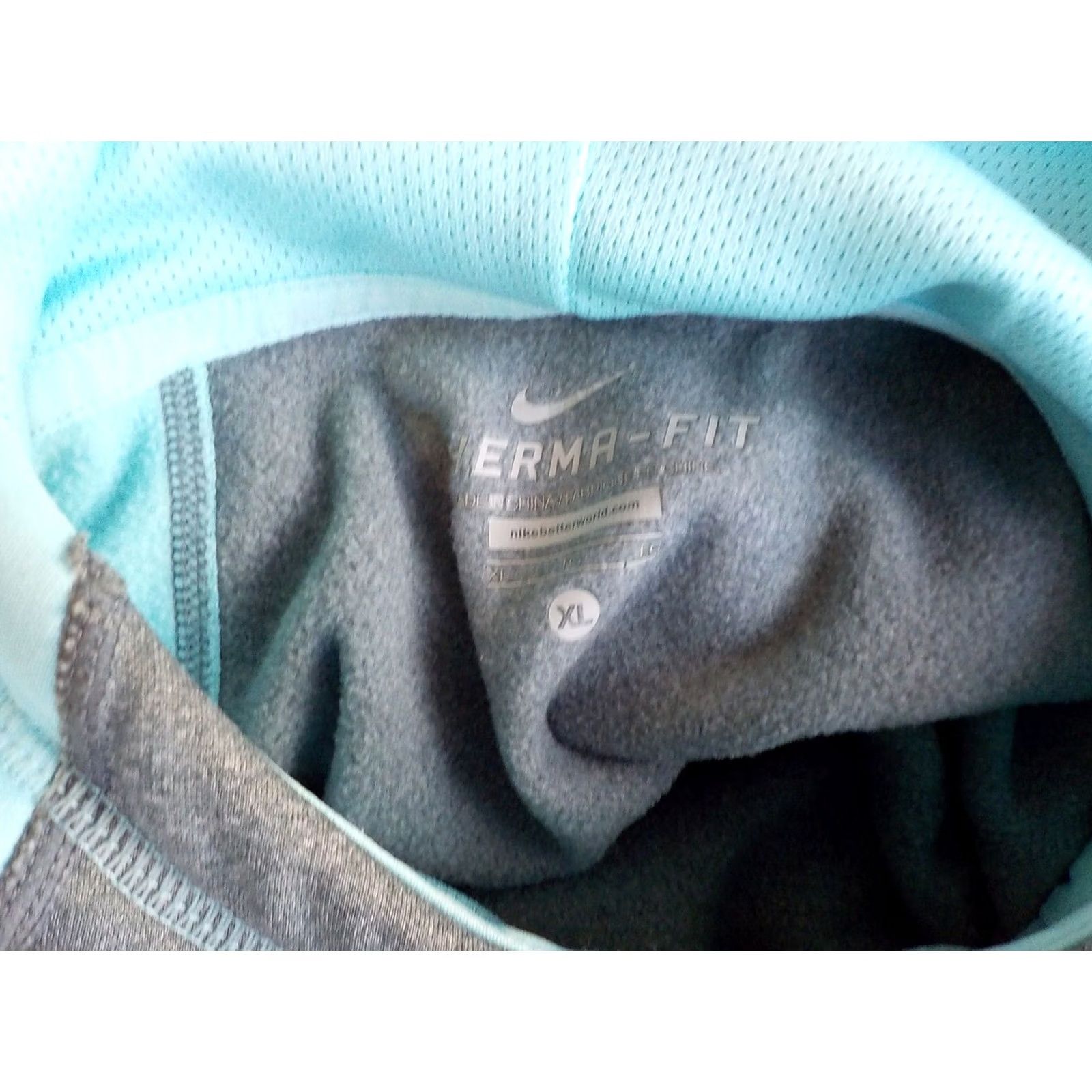 Nike NIKE Therma-Fit Just Do It 2 Tone Hoodie Gray Turquoise Womens XL Pullover Kangaroo Pocket 100% Polyester Good Condition Size XL / US 12-14 / IT 48-50 - 6 Thumbnail
