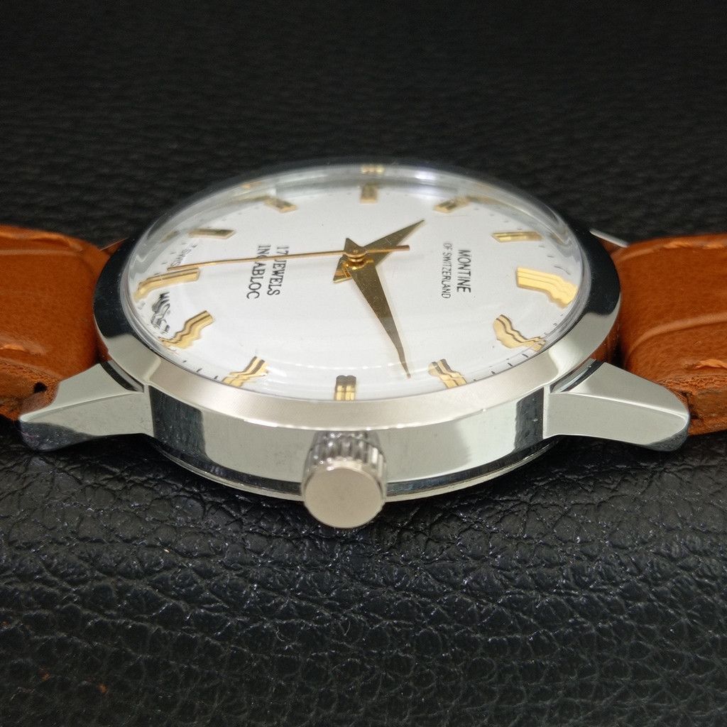 Other VINTAGE MONTINE HAND-WINDING SWISS MENS WHITE WATCH a444154 Size 38 - 5 Thumbnail