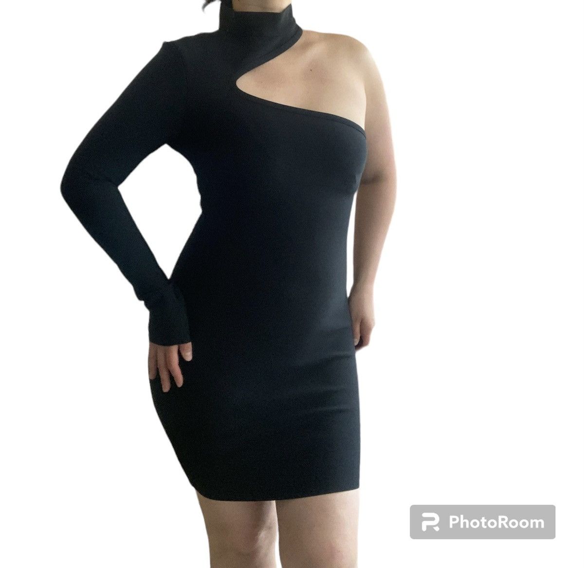 Designer NEW One Shoulder Midi Asymmetrical Dress in Black Size M / US 6-8 / IT 42-44 - 3 Thumbnail