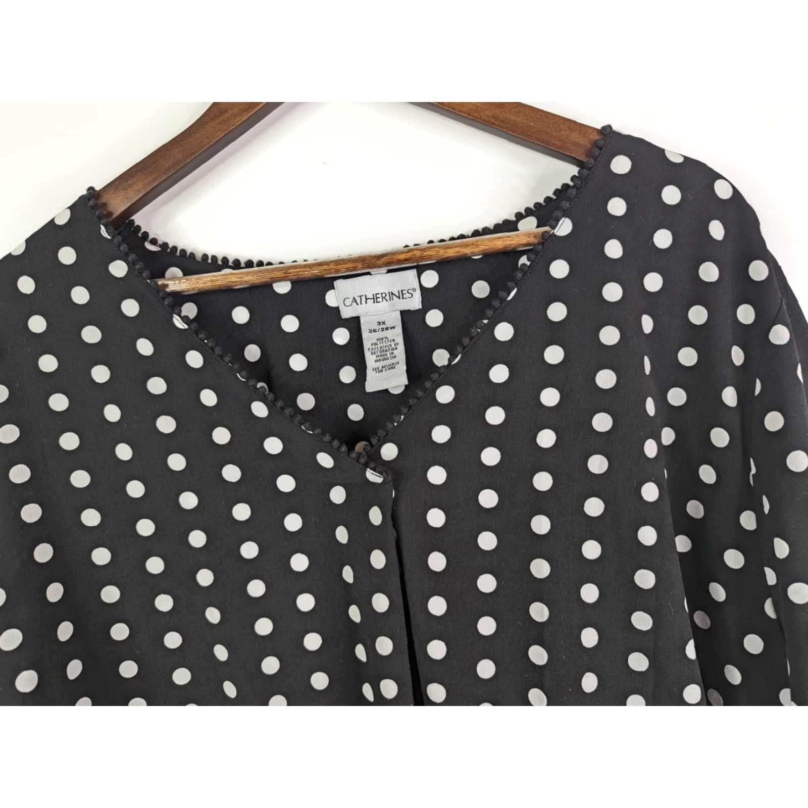 Vintage Catherines Blouse Womens Black White Polka Dots 3X Polyester Tie Sleeve V-Neck Pullover 3/4 Sleeve Plus Size XXL / US 16-18 / IT 52-54 - 3 Thumbnail