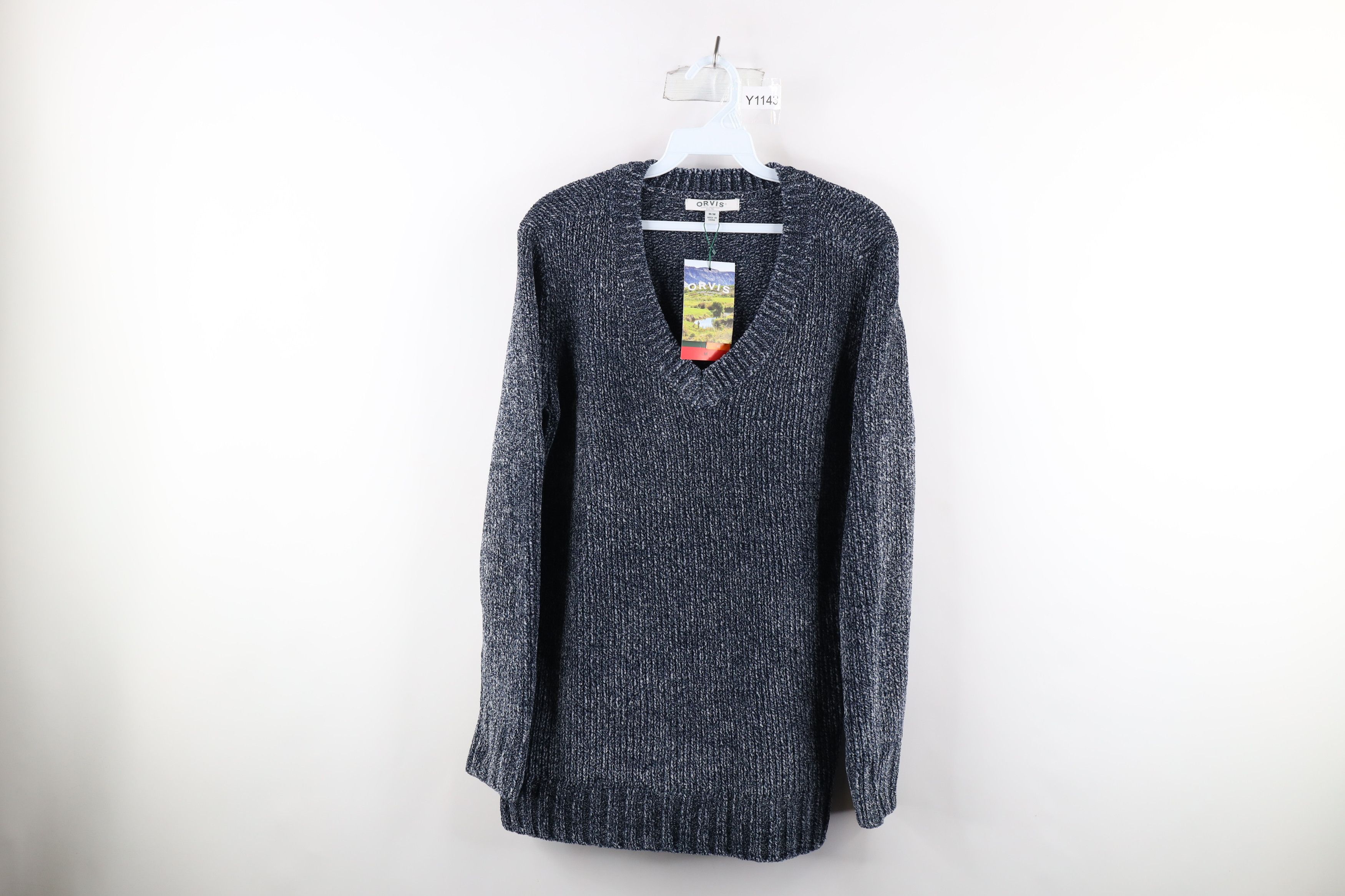 New Orvis Blank Fleece Chenille V-Neck Sweater Heather Blue
