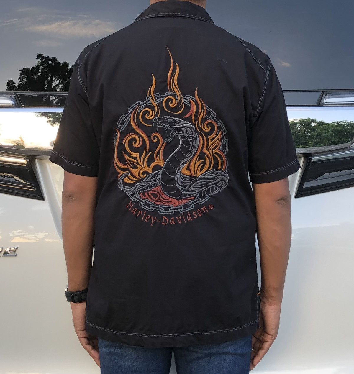 Harley Davidson Embroidery Snack Logo Short Sleeve Shirt