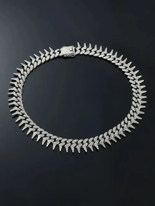 Jewelry × Vintage Retro Punk Rhinestone Silver Necklace Chain Square Size ONE SIZE - 1 Thumbnail