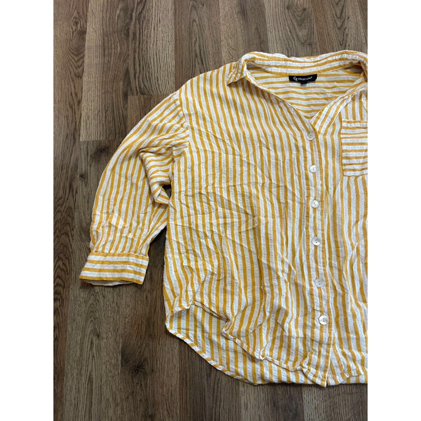 Vintage GZ Collection Shirt Women's 2X Striped Button-Up Yellow White Long Sleeve Casual Modern Fall Spring Summer Regular Mens Womens Girls Boys? Size XXL / US 16-18 / IT 52-54 - 3 Thumbnail