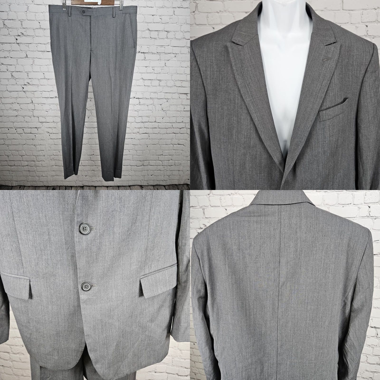 Egara Egara Grey 100% Wool Full Suit Set 2 Piece Peak 2 Button Slim Fit Blazer 44L/38 Size 44R - 8 Thumbnail