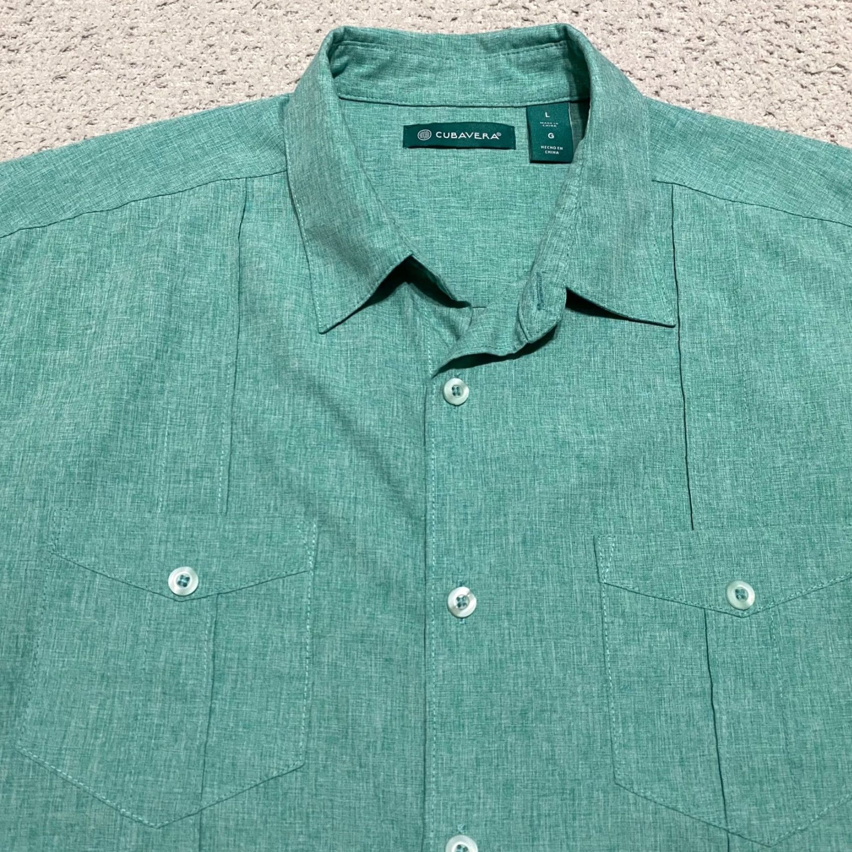 Cubavera Cubavera Men S Shirt L Green Solid Button Front Short Sleeve Outdoor Cuban Shirt Size US L / EU 52-54 / 3 - 6 Thumbnail